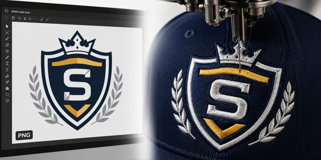 Visual comparison of a PNG image file being converted to a DST embroidery file for a snapback cap.