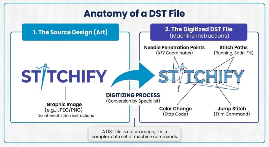 Anatomy of a DST embroidery file showing stitch paths and coordinates side-by-side with art