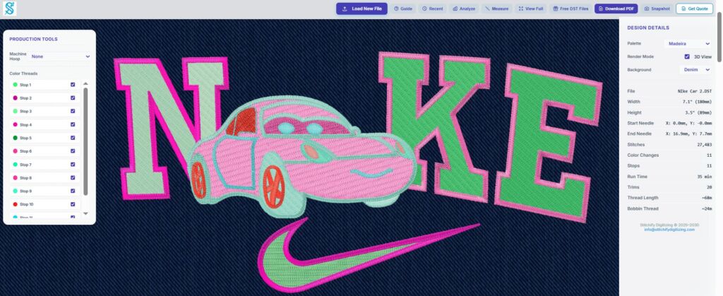 Screenshot of Stitchify Free Online DST Viewer displaying a professional embroidery design